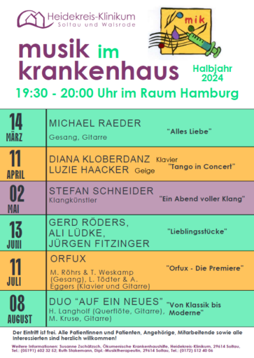 Konzertprogramm 27. Halbjahr musik im krankenhaus Soltau März - August 2024